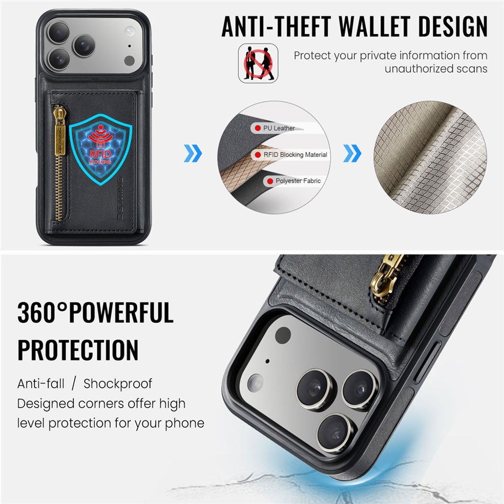 DG.MING iPhone 18 Pro Max/17 Pro Max Skal med Magnetisk Avtagbar Plånbok - Svart