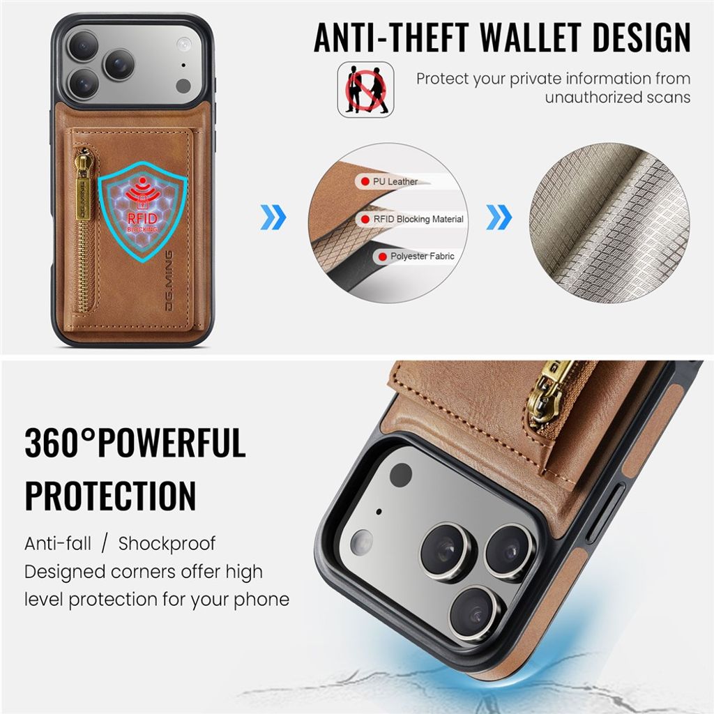 DG.MING iPhone 18 Pro Max/17 Pro Max Skal med Magnetisk Avtagbar Plånbok - Brun