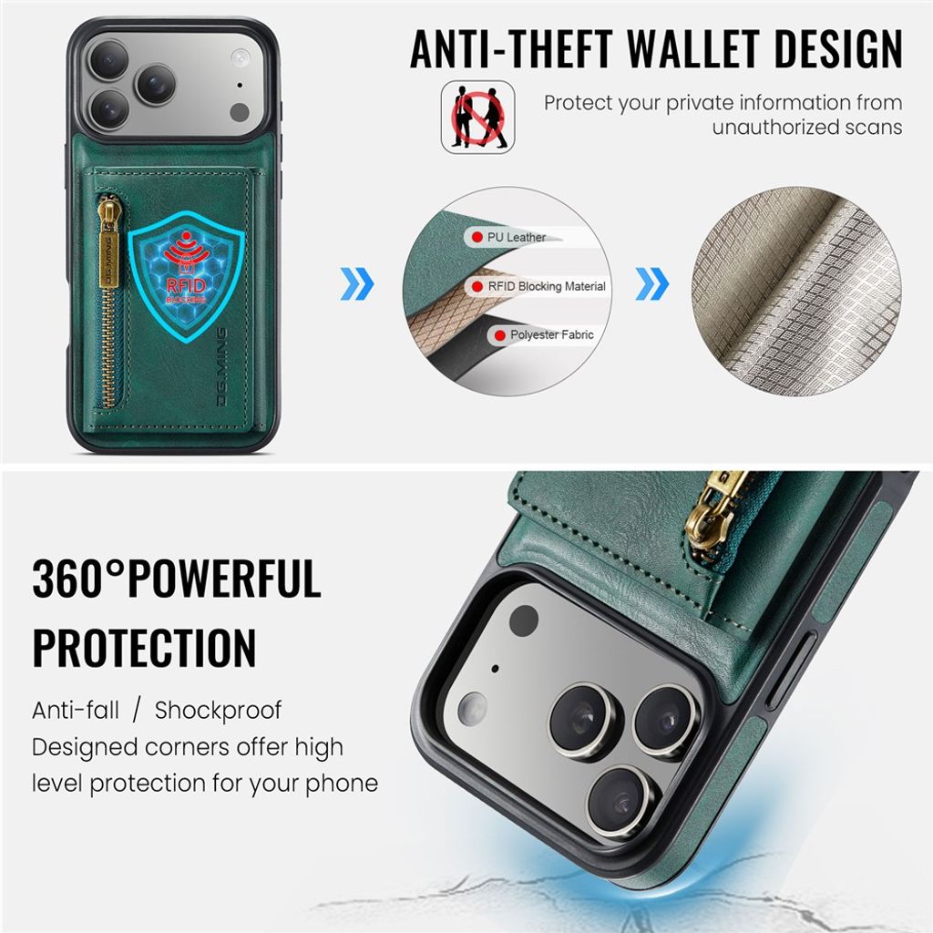 DG.MING iPhone 18 Pro Max/17 Pro Max Skal med Magnetisk Avtagbar Plånbok - Grön