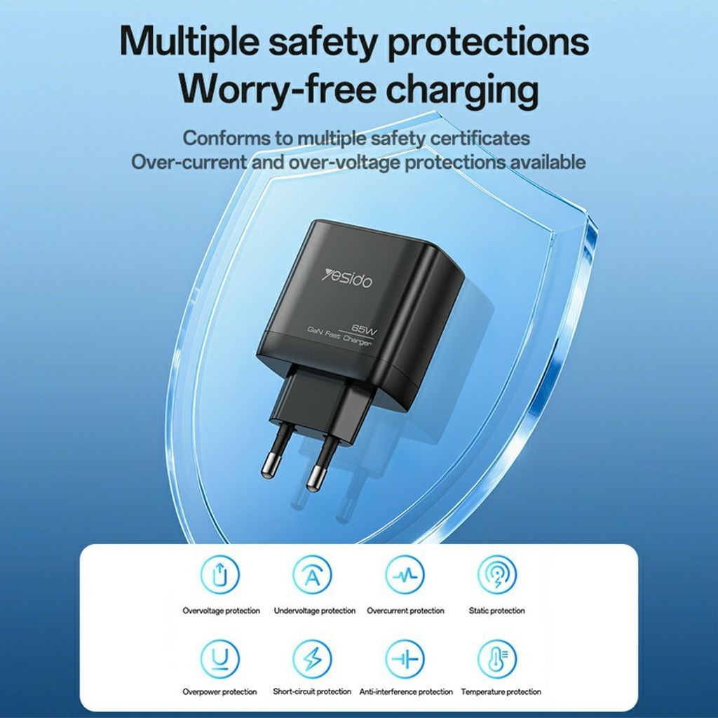 YESIDO YC144C 65W GaN hurtigoplader 2xUSB-C/1xUSB-A med USB-C kabel 1,2m – Sort