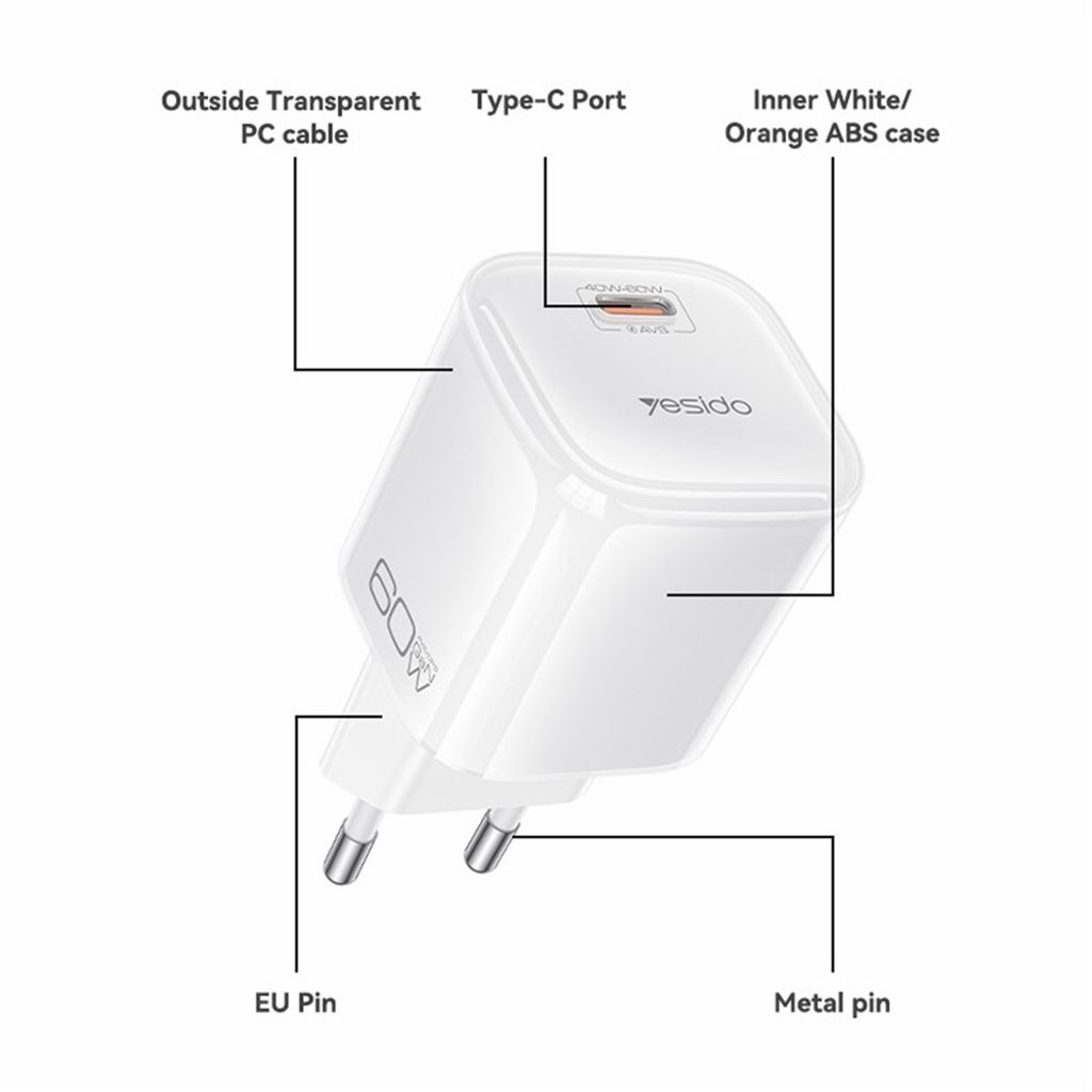 Yesido YC117 60W USB-C GaN-vegglader med USB-C-kabel – oransje
