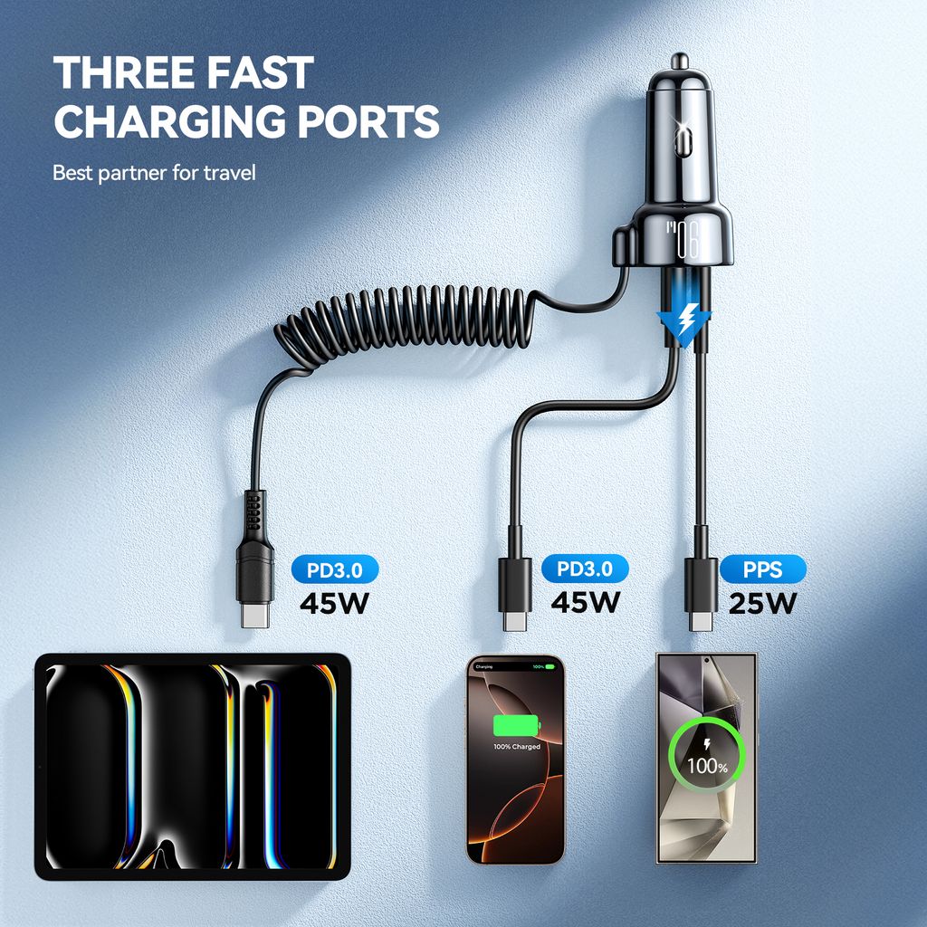 Joyroom JR-CL07 3-i-1 90W billaddare USB-C/USB-A portar med USB-C kabel – svart