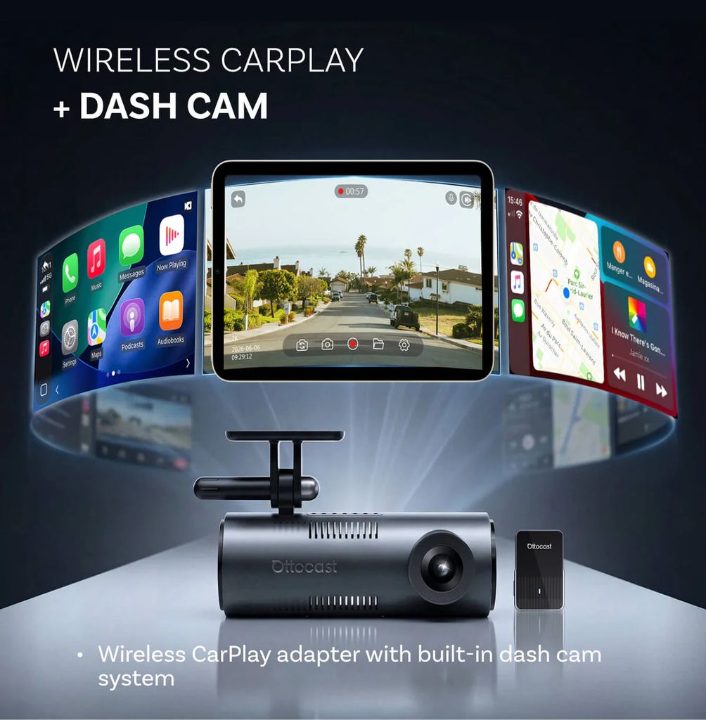 Ottocast OttoSafe Cam 2-i-1 bilkamera med trådløs CarPlay-adapter + 64 GB microSD-kort