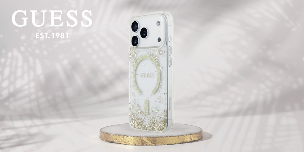 Guess Resin Glitter MagSafe -kuori  iPhone 18 Pro:lle - Kulta