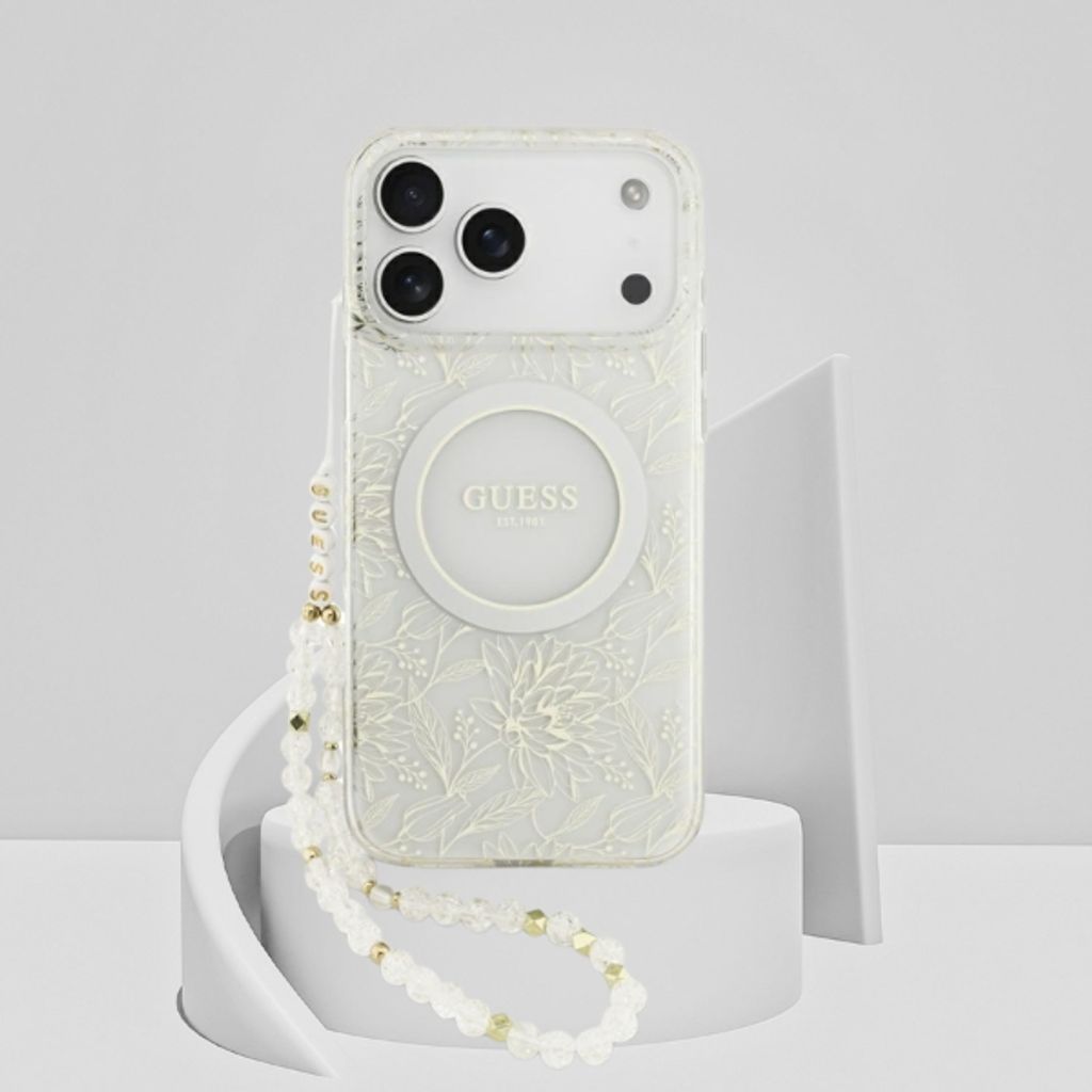 Guess IML Flower MagSafe -kuori helmirannekkeella  iPhone 18 Pro/17 Pro:lle - Valkoinen