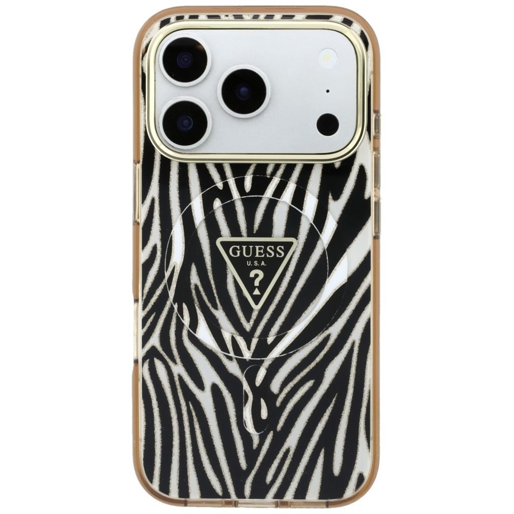 Guess Zebra Glitter Triangle Logo MagSafe -kuori  iPhone 17 Pro/18 Pro Case:lle - Kulta