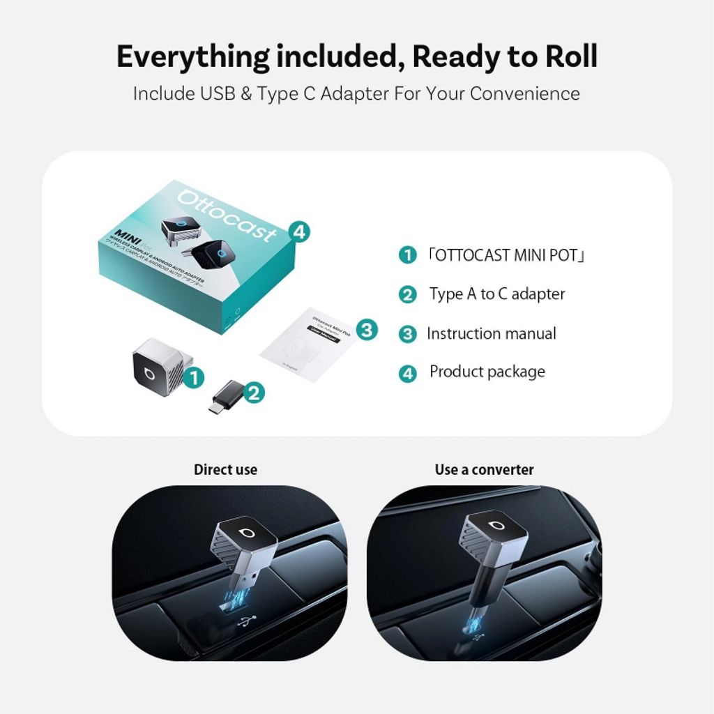 Ottocast Mini Cube trådlös CarPlay / Android Auto adapter