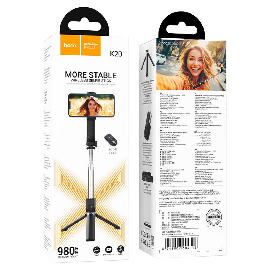 Hoco K20 Bluetooth selfiestang og stativ, 1 m – svart
