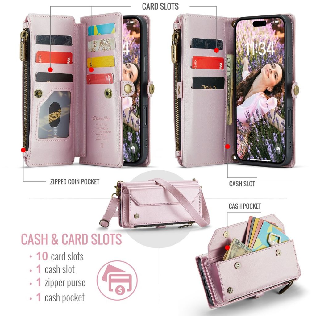 CASEME iPhone 16 Cover with 10 Card Slots - Pink