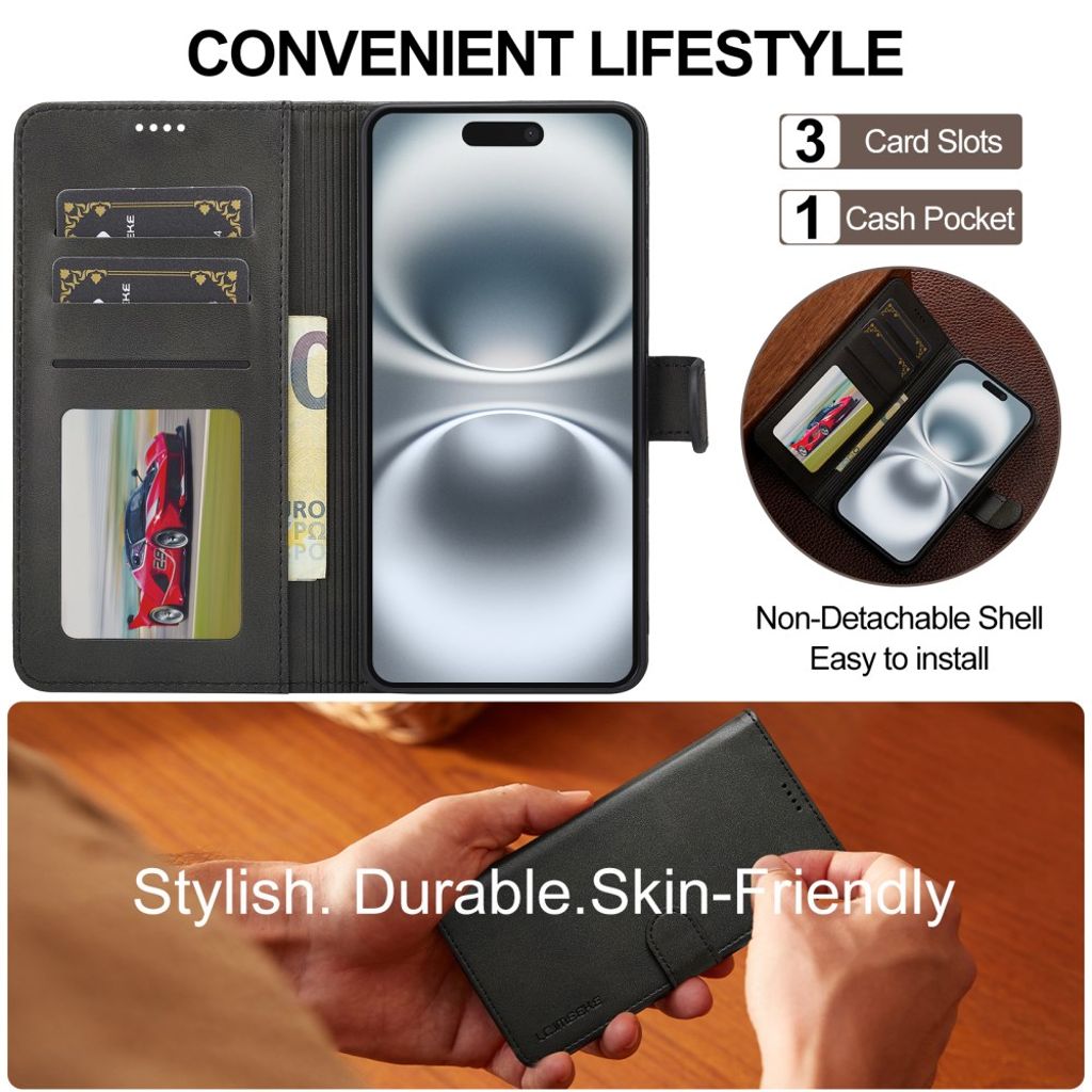 LC.IMEEKE iPhone 17 Wallet Cover with Stand - Black