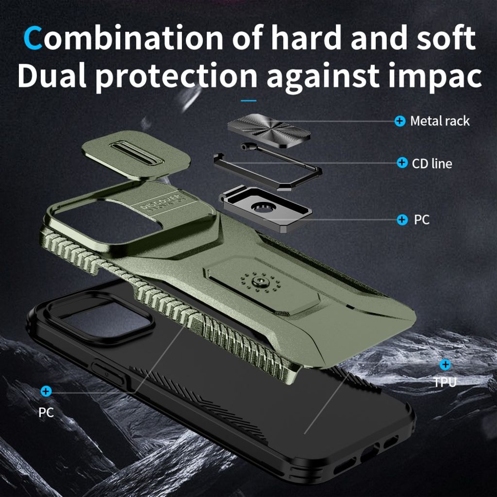 iPhone 14 Pro Max Skal med Skjutbart Kameraskydd och Stativ – Grön