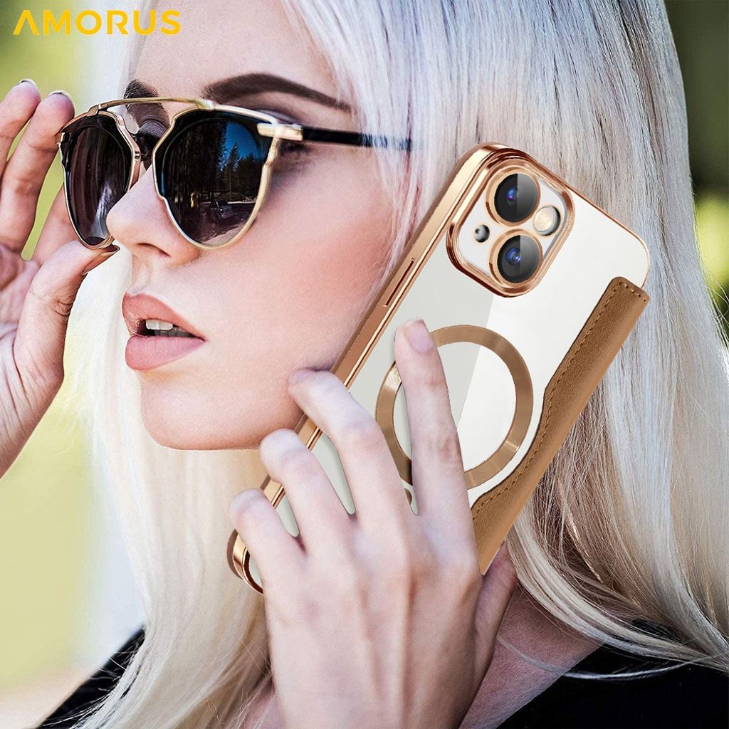 AMORUS iPhone 15 Plus Kotelo MagSafe - Ruskea