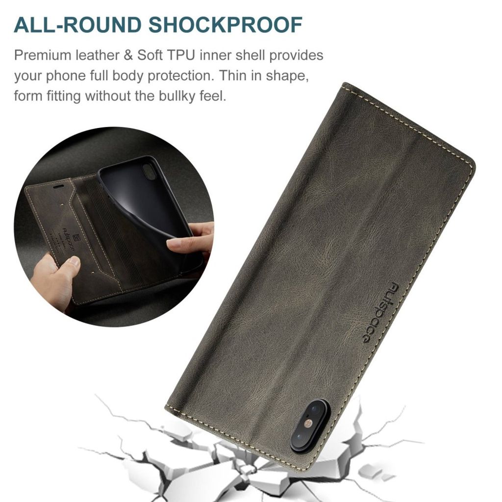 AUTSPACE A01 Series Plånboksfodral till iPhone X/XS RFID Stativ – Brun