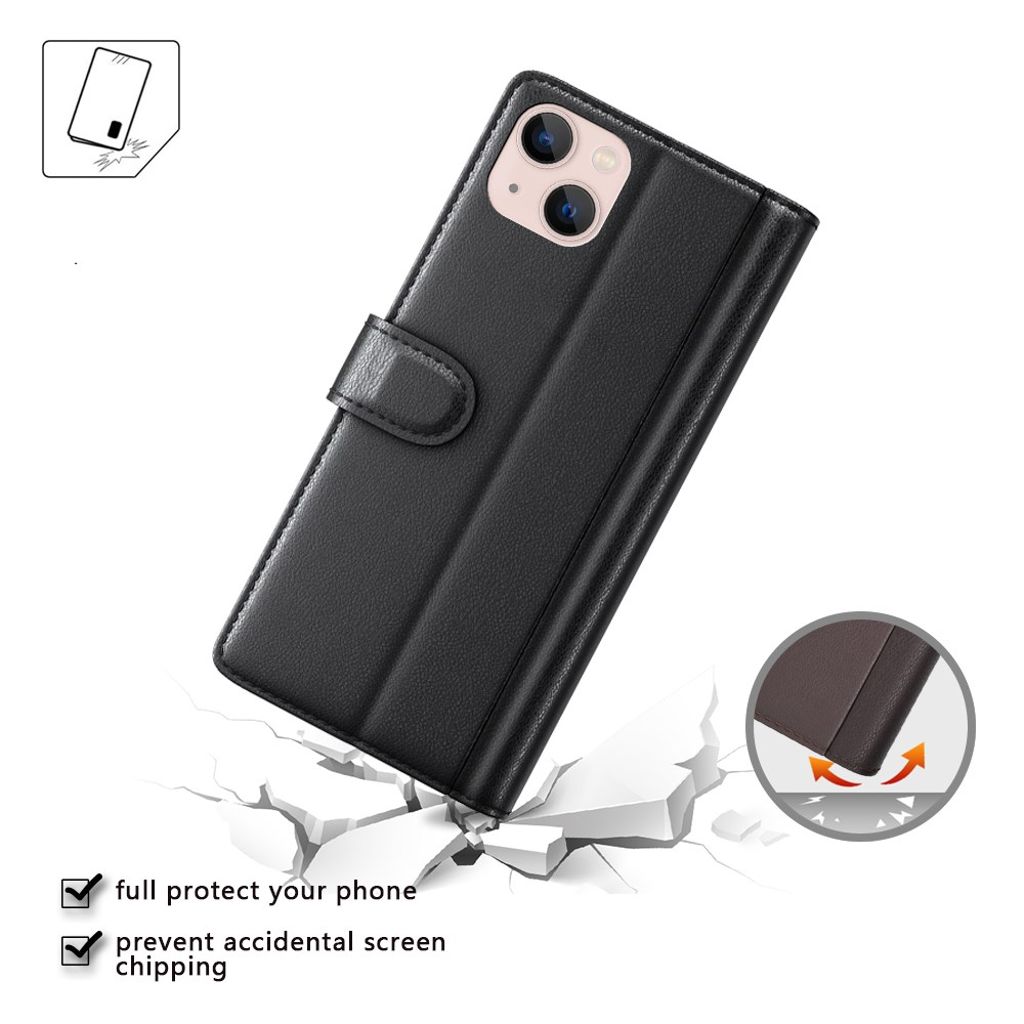 iPhone 14 Lommeboketui Ekte Skinn Med Stativ - Svart