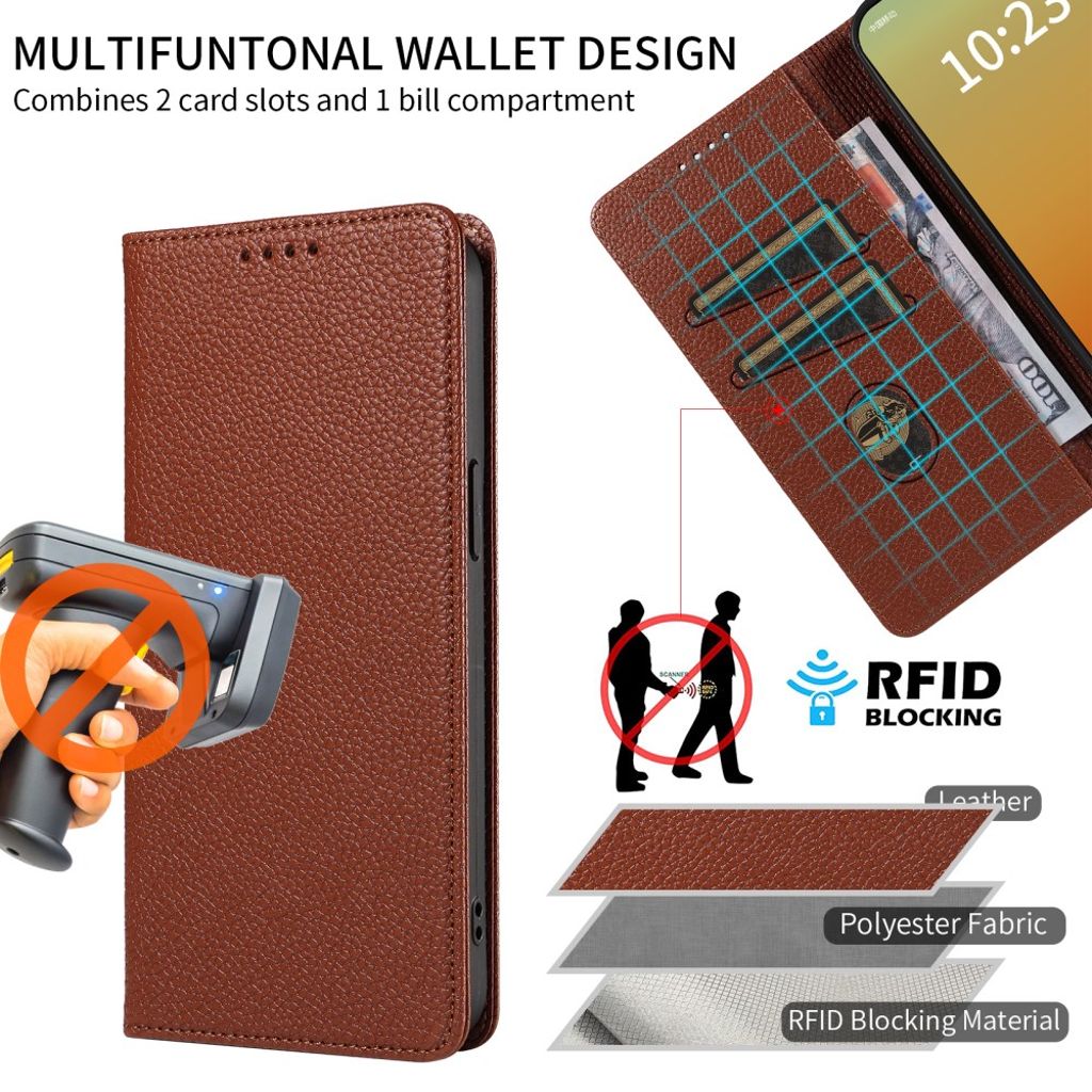 iPhone 14 Pro Wallet Cover RFID Blocking Stand - Brown
