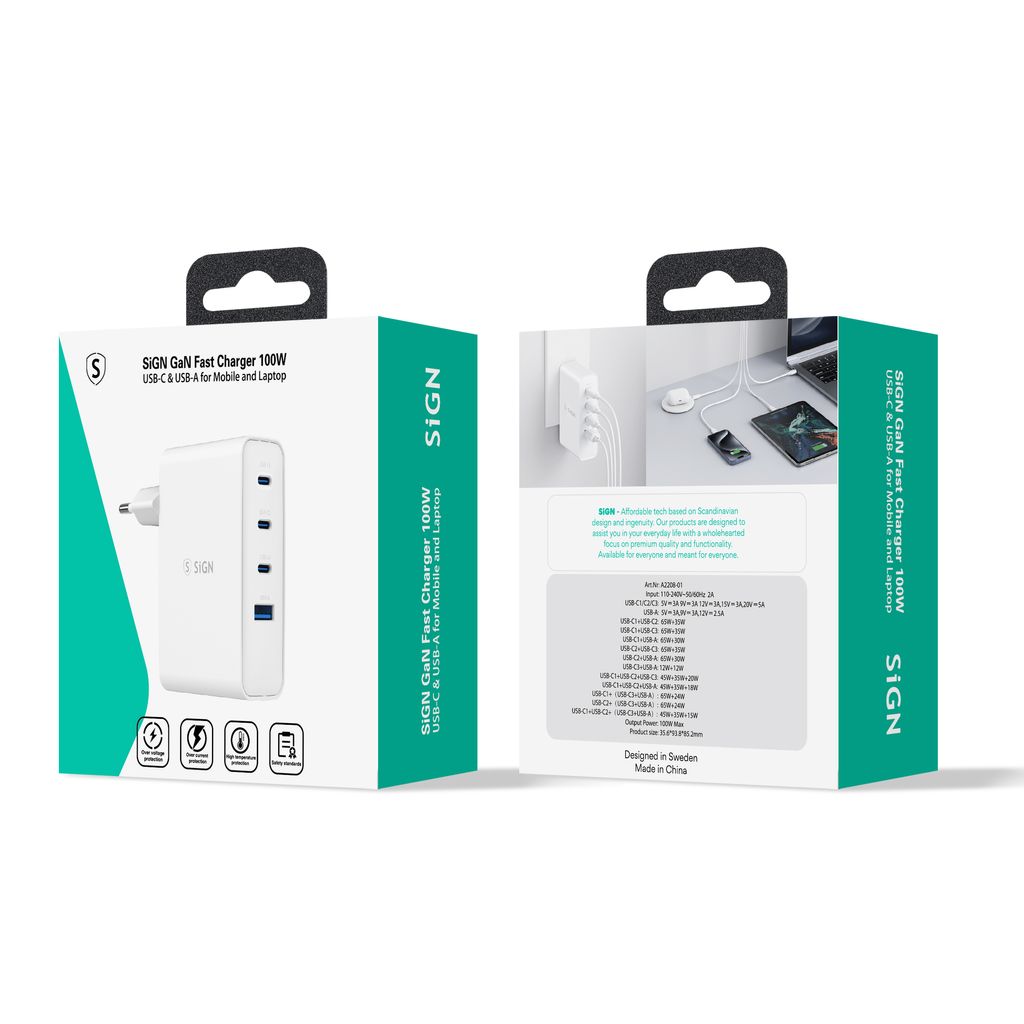 SiGN Hurtigoplader 100W GaN 3xUSB-C / 1x USB-A - Hvid