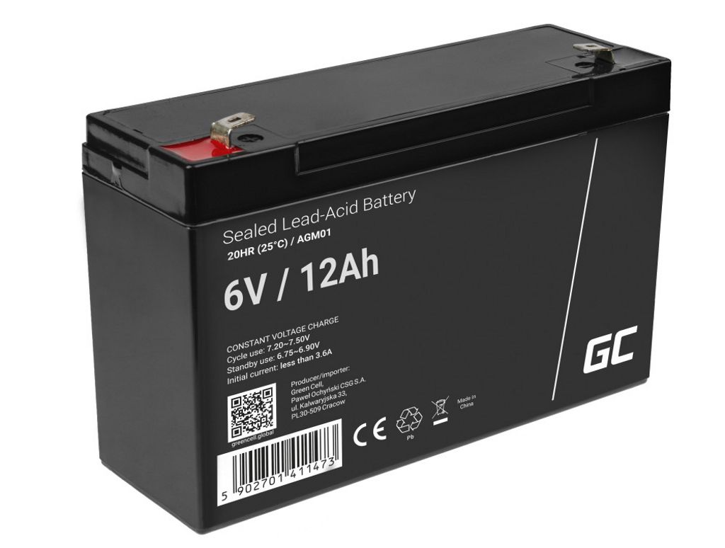 Green Cell AGM VRLA 6V 12Ah batteri for alarmsystemer, kasseapparater, leker