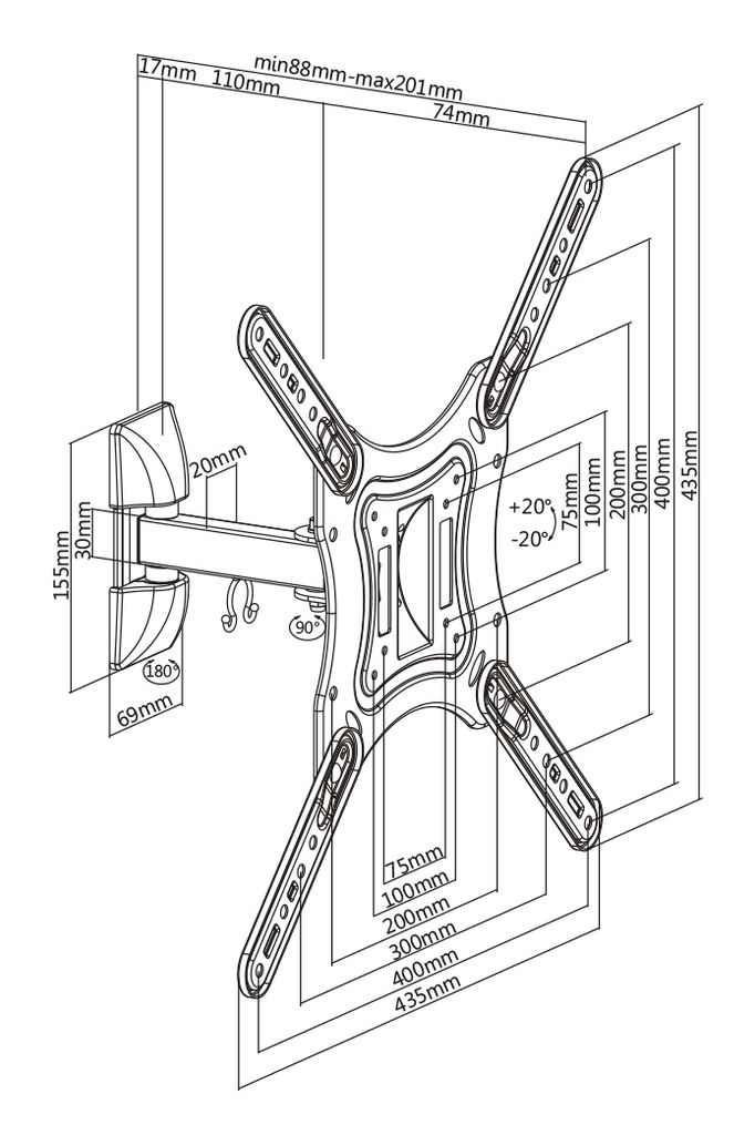 Deltaco OFFICE fuldt artikulerende vægbeslag, 23-55 tommer - sort