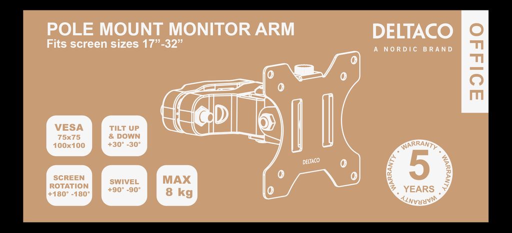 Deltaco OFFICE ARM-0304 skjermarm for stangmontering – svart, 17–32"