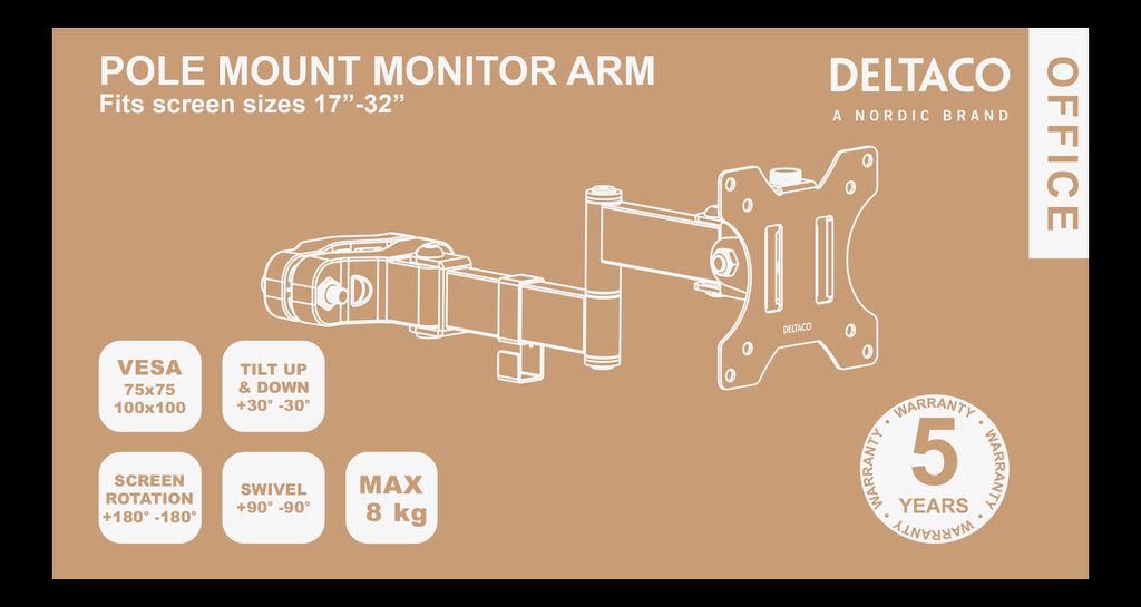 Deltaco OFFICE ARM-0305 monitorarm for stangmontering – svart