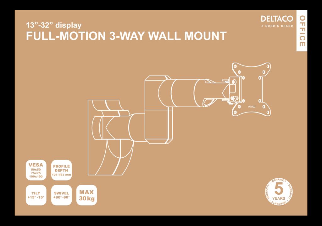 Deltaco fullt artikulerande väggfäste 13–32" med kabelhantering – svart