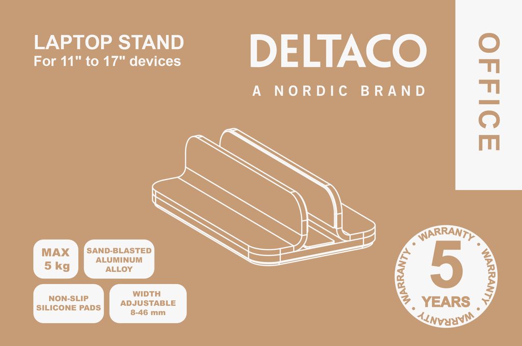 Deltaco vertikalt laptopstativ - sølvfarget 11-17" aluminium