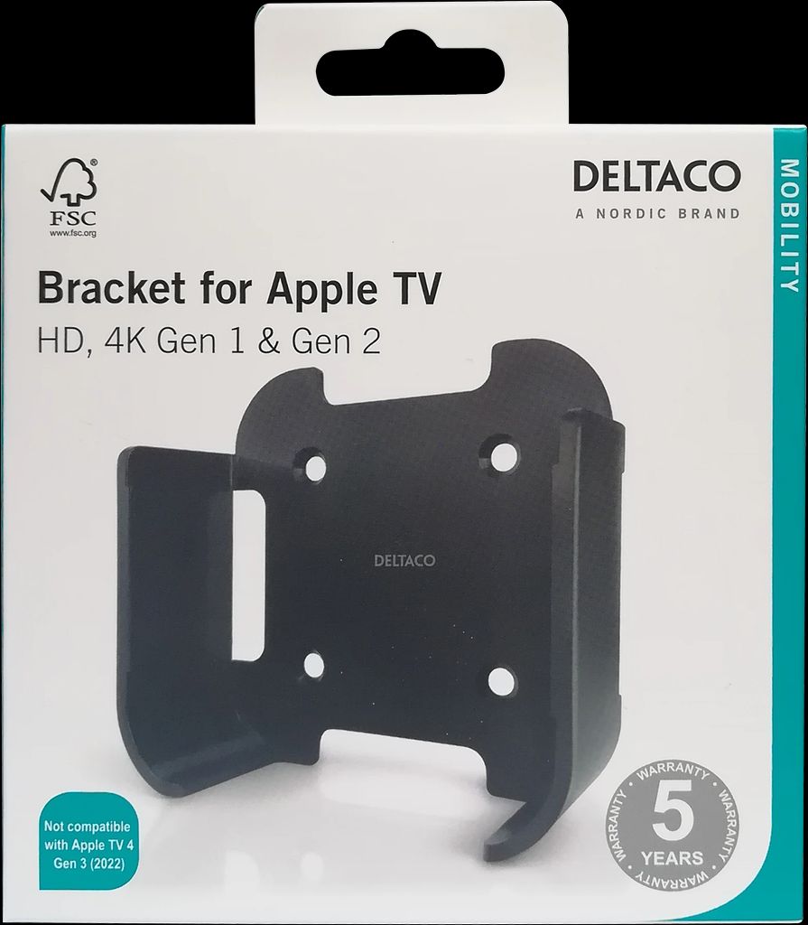 Deltaco-seinäteline HD-, 4K- ja 2. sukupolven Apple TV:lle – musta