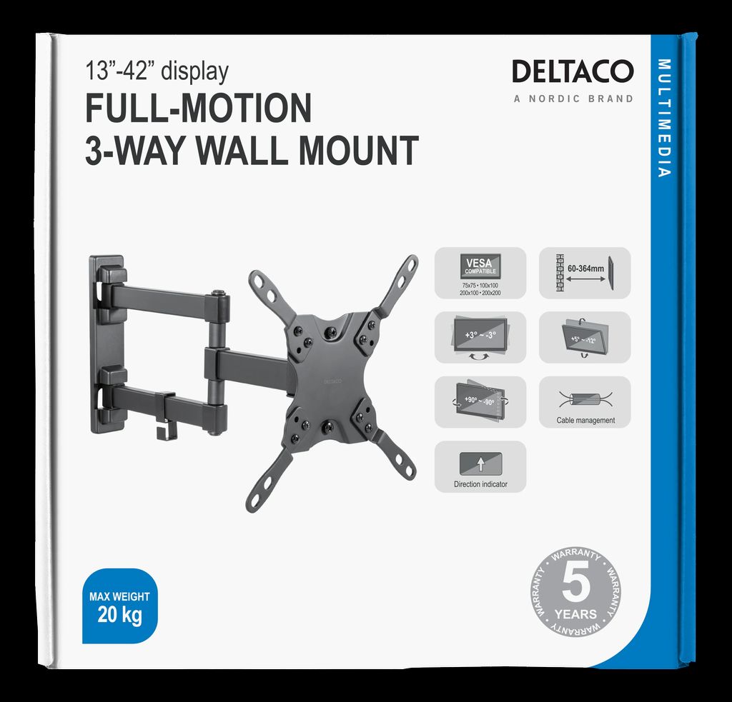 Deltaco vægbeslag til TV/skærm 15"–40" med 3 led – sort