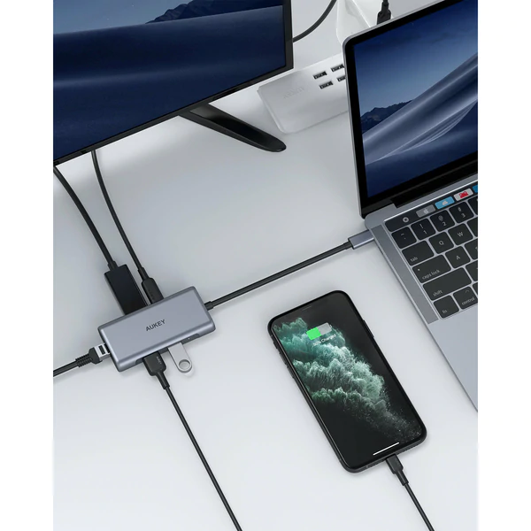 AUKEY 6-in-1 USB-C Hub, 1 x USB-C, 2xUSB-A 3.1, HDMI 4K, RJ45 - Gråt