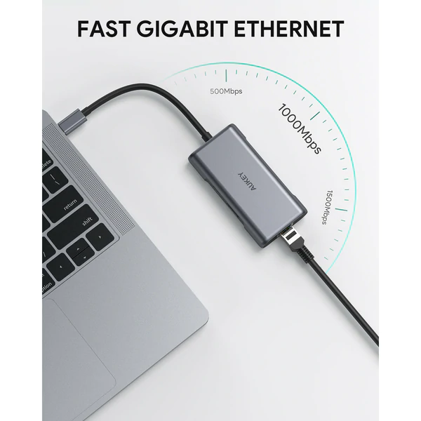 AUKEY 6-in-1 USB-C Hub, 1 x USB-C, 2xUSB-A 3.1, HDMI 4K, RJ45 - Gråt