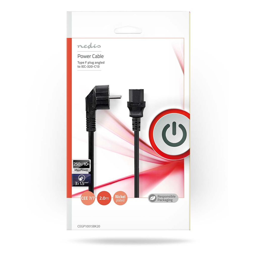 Nedis Virtakaapeli EU-uros IEC-320-C13, kulmikas, 2m - musta