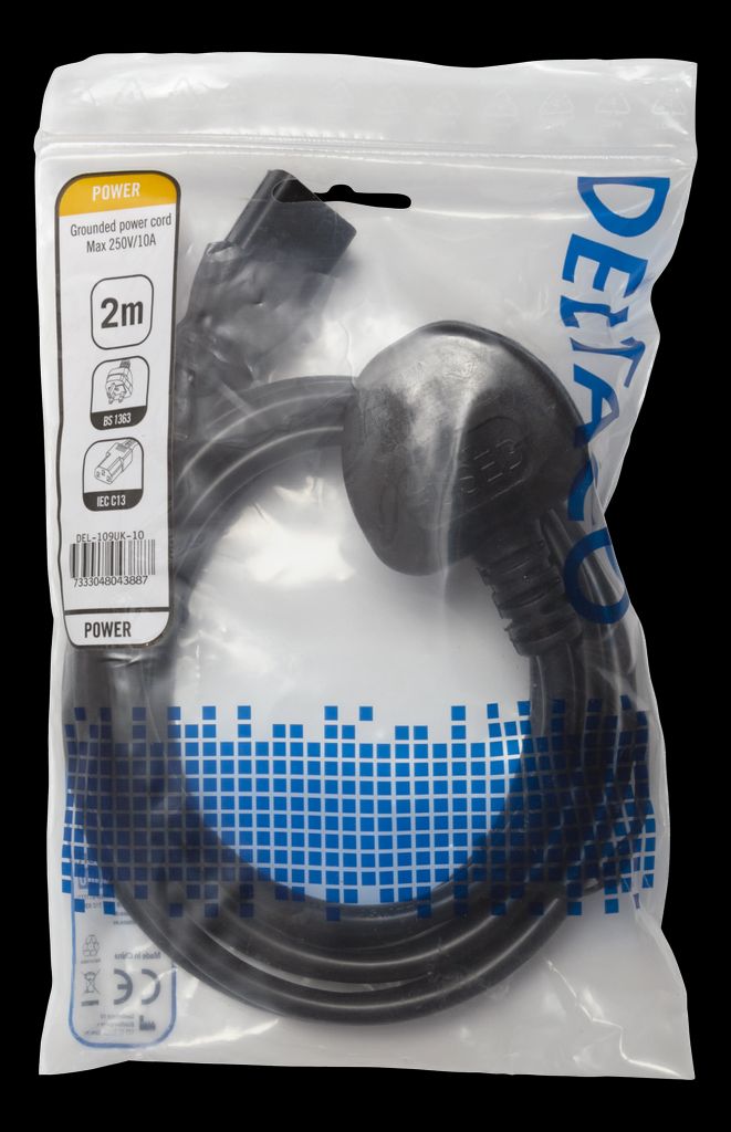 UK-virtajohto, kulma liitin – IEC C13, 2m, musta