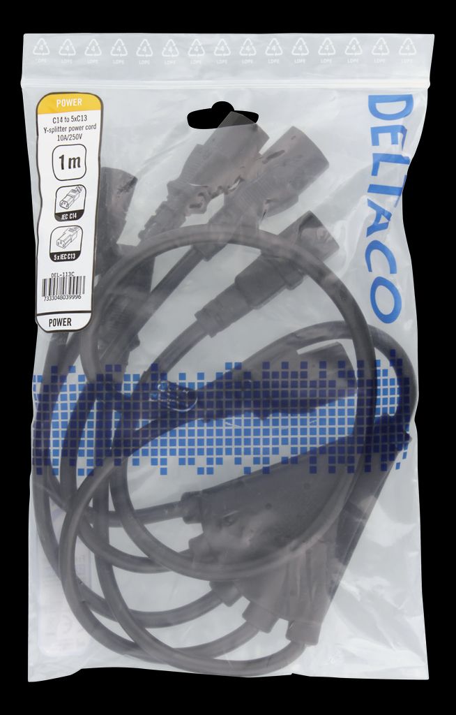 IEC C14 til 5x IEC C13 strømkabel, 1m, Y-splitter – Svart