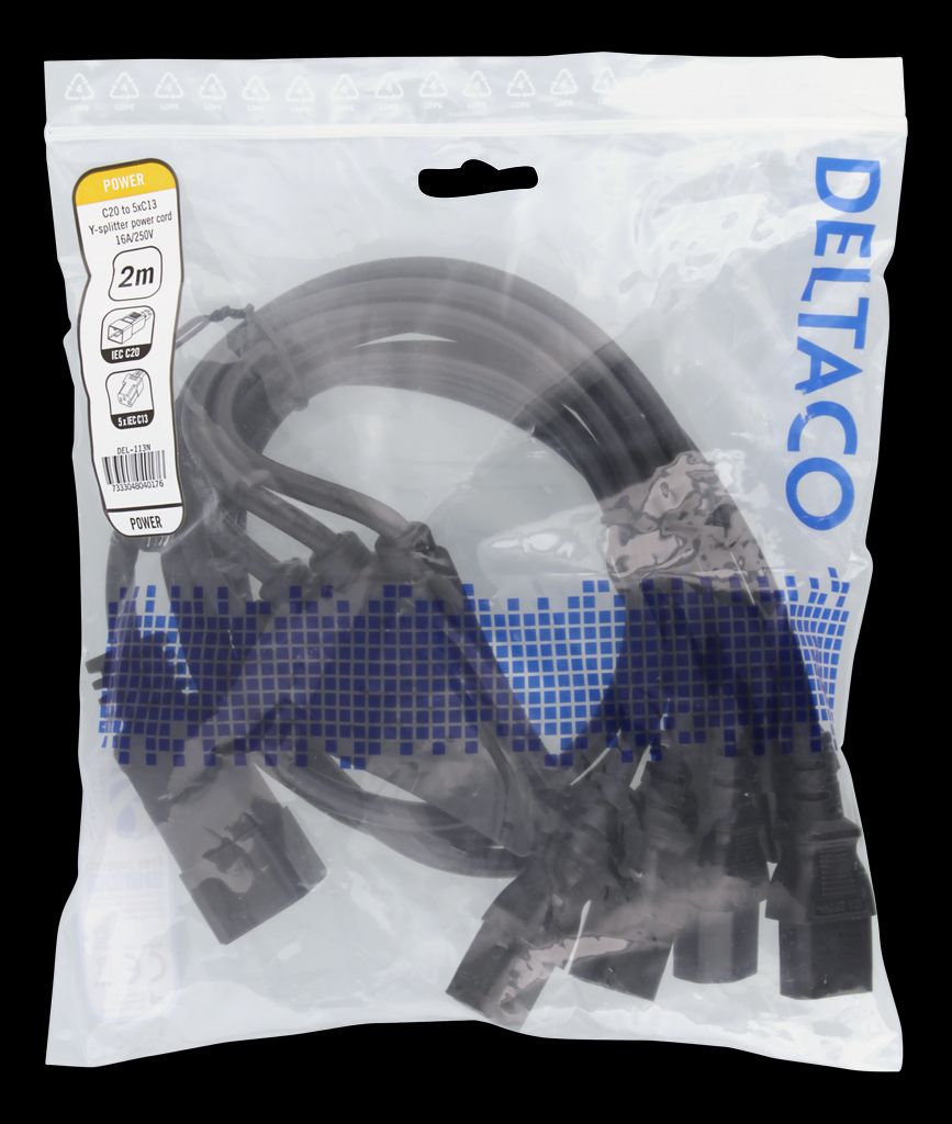 IEC C20 til 5x IEC C13 strømkabel, 2 m, 16A/250V, Y-splitter - svart