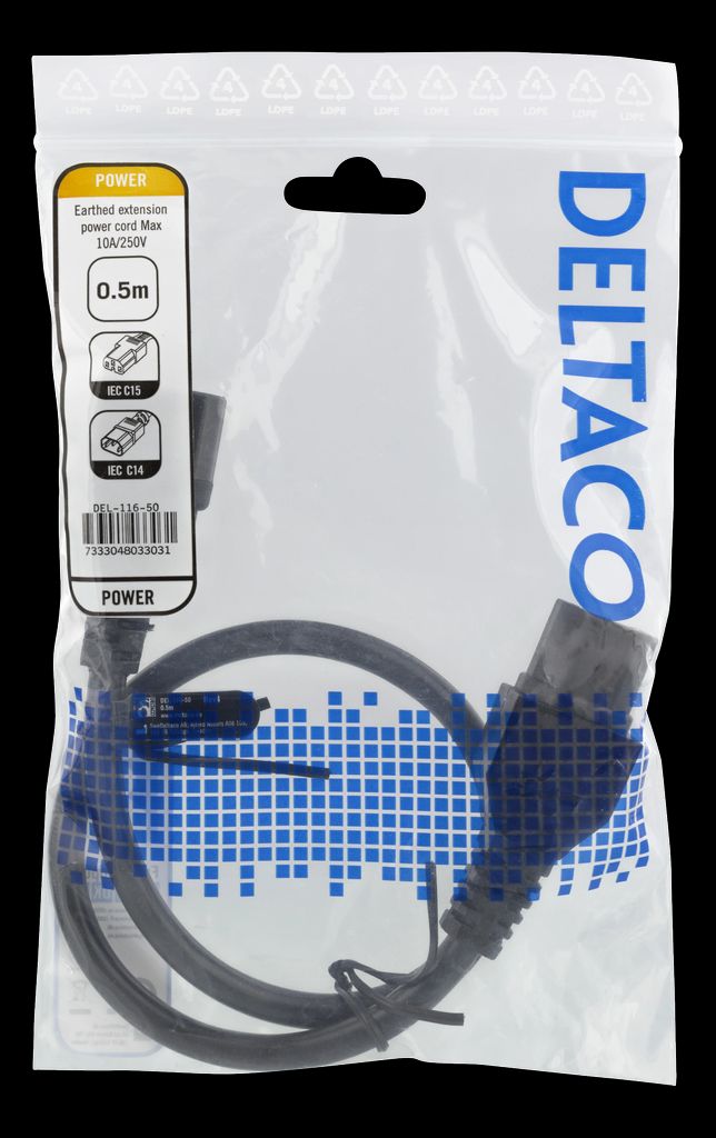 Extension cord IEC C15 - IEC C14, 0,5m - svart