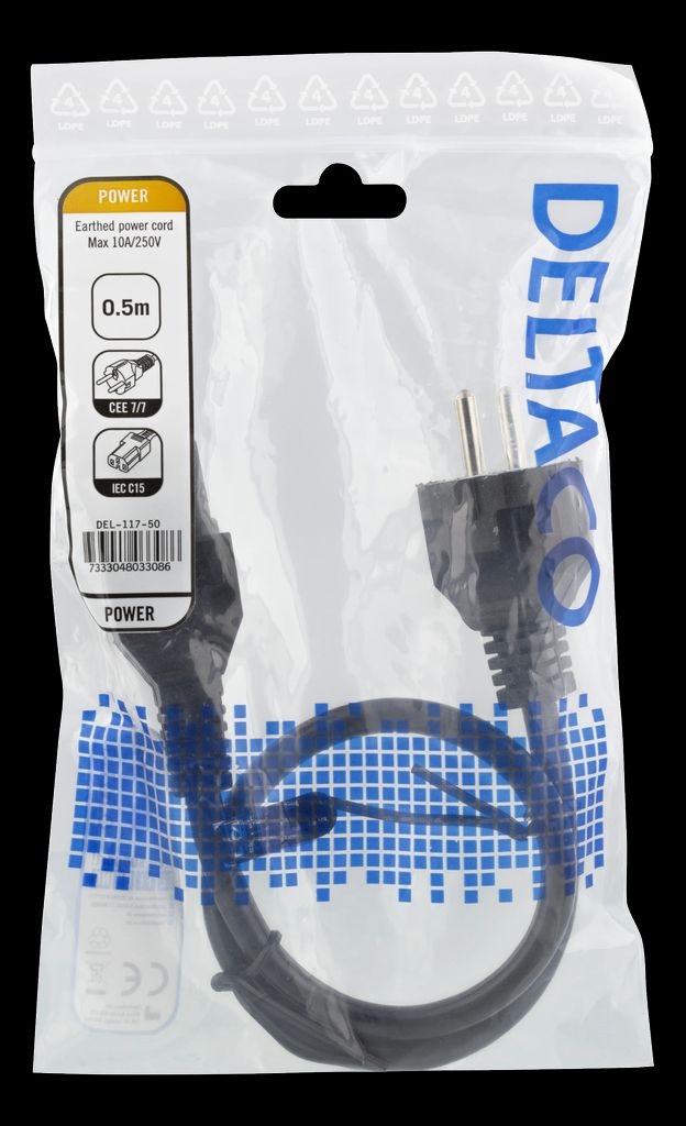 Power cord CEE 7/7 - IEC C15, 0,5m - svart