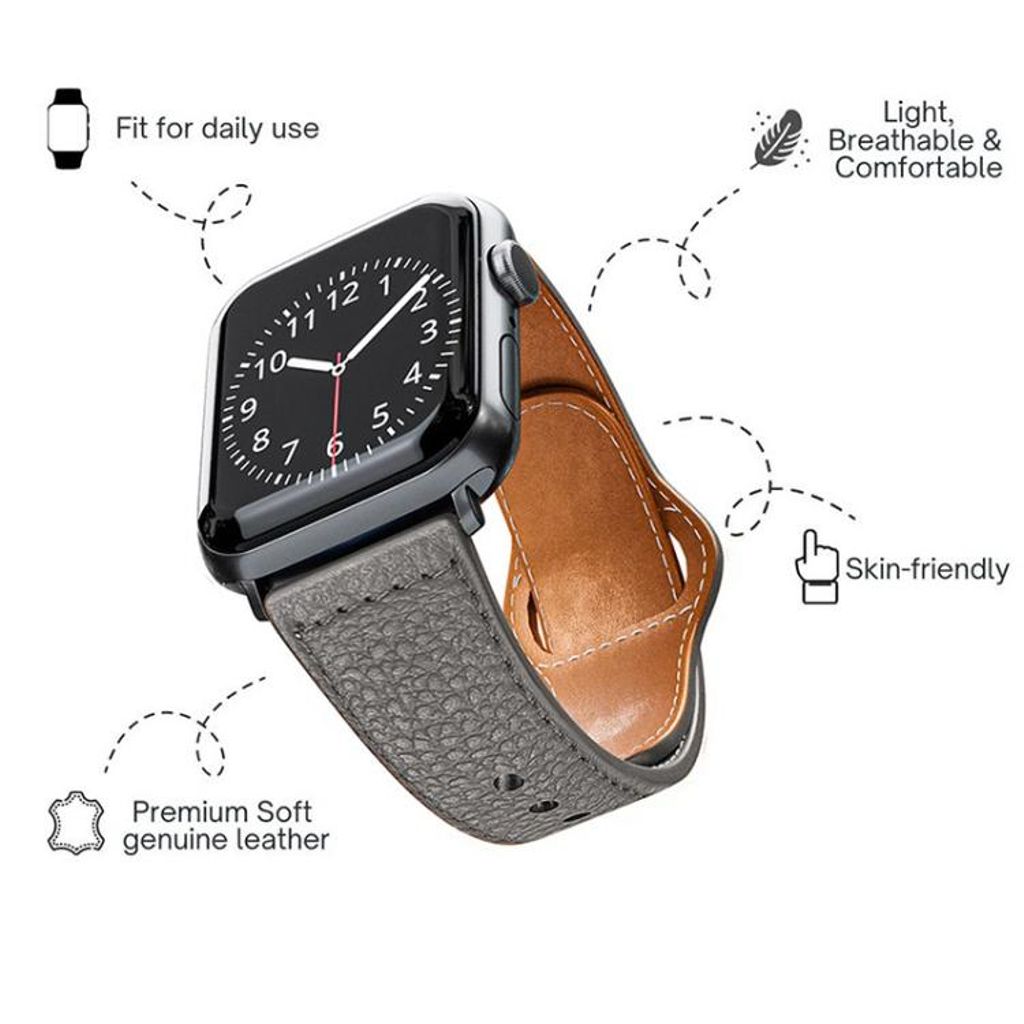 Aito nahkaranneke Apple Watchille 42/41/40/38 mm – Harmaa