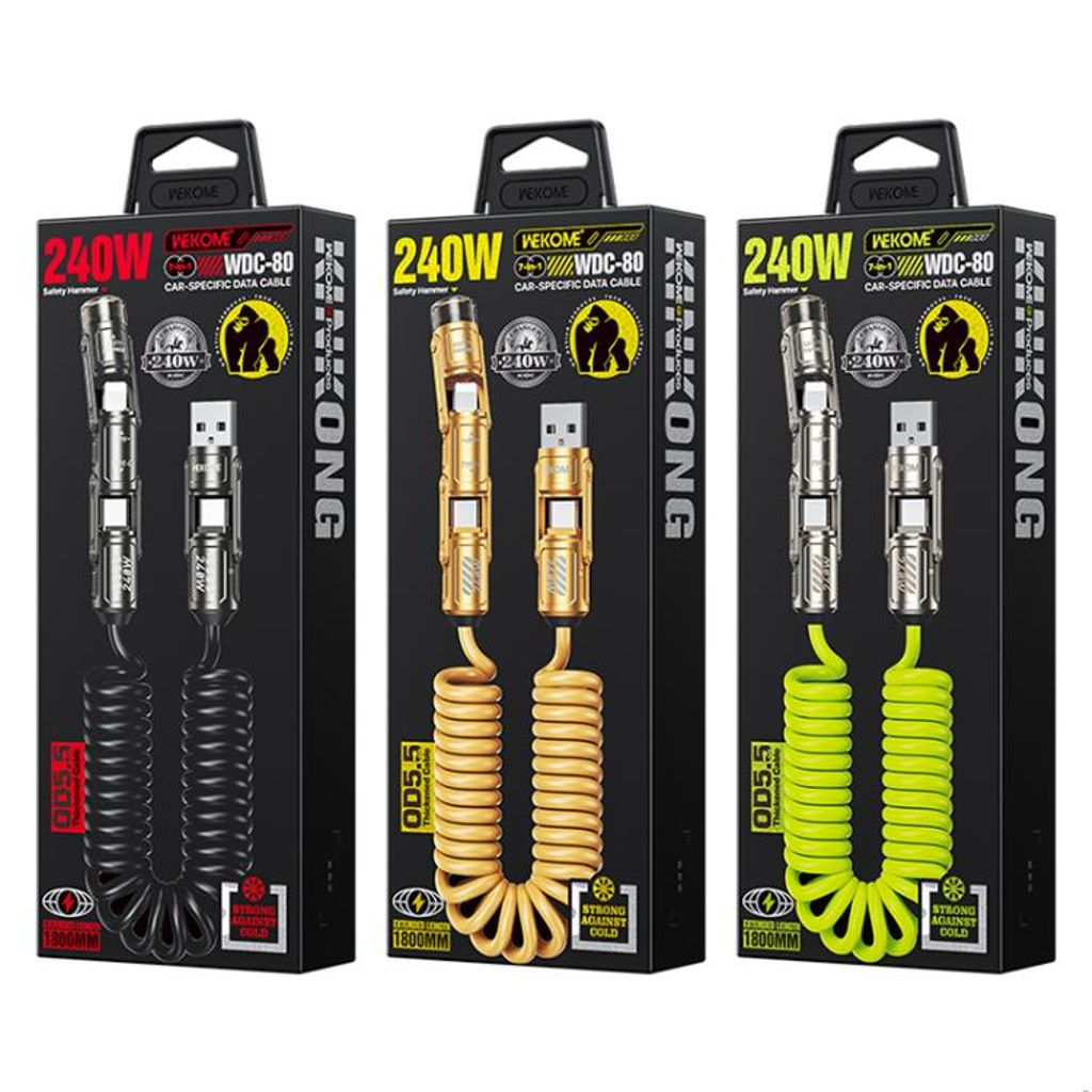 Multiport-opladerkabel USB-C/USB-A/Lightning 240W med sikkerhedshammer – sort