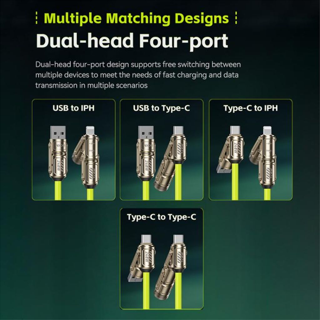 Multiport-opladerkabel USB-C/USB-A/Lightning 240W med sikkerhedshammer – sort