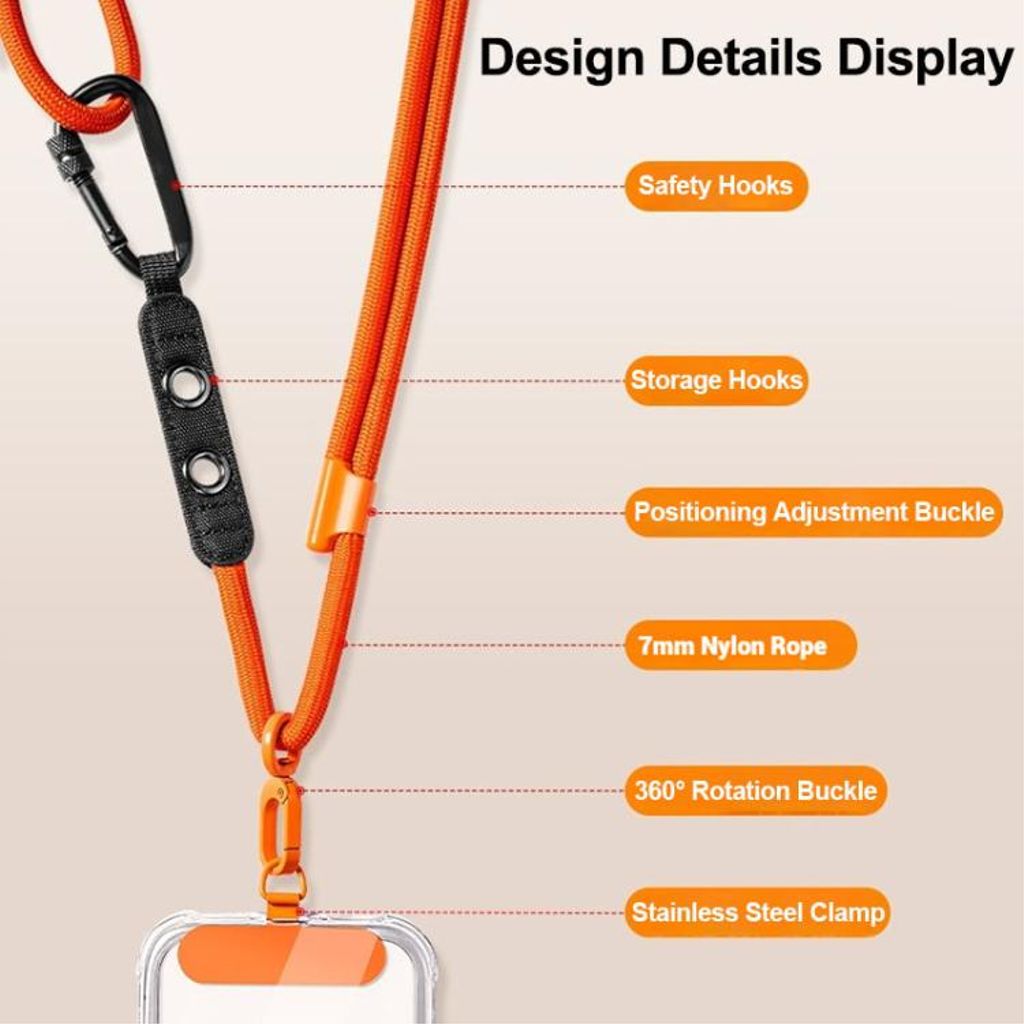 Justerbar mobiltelefonstropp med karabinkrok – svart