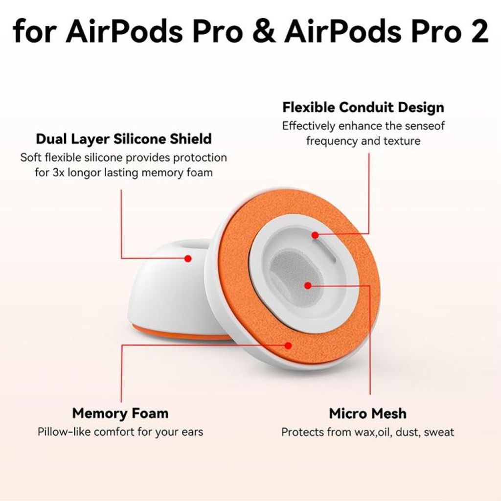 XDcase silikon öronproppar till AirPods Pro 1/2, 4 par XS/S/M/L – Vit/Orange