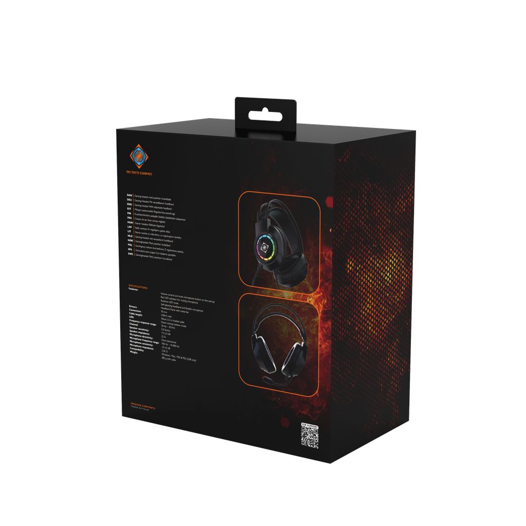 Outlet Deltaco Gaming DH220 stereo headset, USB, RGB - sort