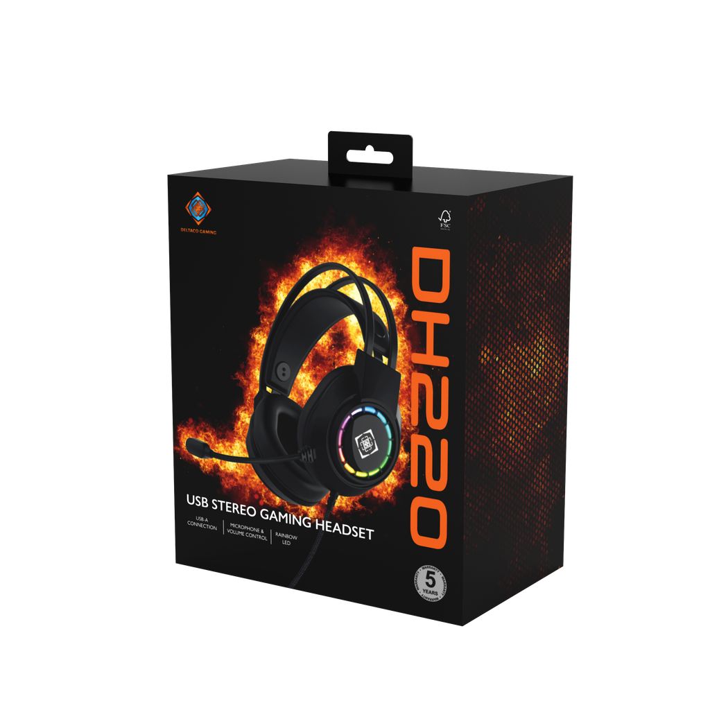 Outlet Deltaco Gaming DH220 stereo headset, USB, RGB - sort