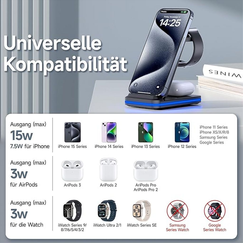 SiGN 3-in-1 Qi-Ladestation (kabellos, 15 W) – Schwarz