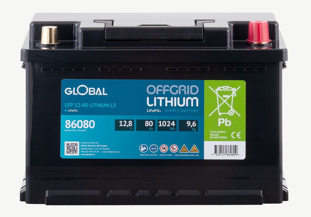 Global LiFePO4 Batteri 12,8V 80Ah 279x175x189mm
