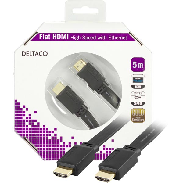 Litteä Deltaco HDMI-kaapeli 5m - Musta