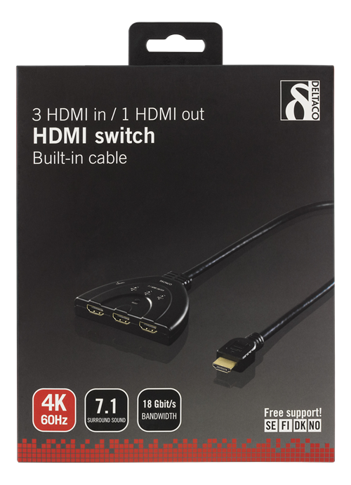 Deltaco HDMI Switch, 3 in 1 ut, 4K, Ultra HD - Svart