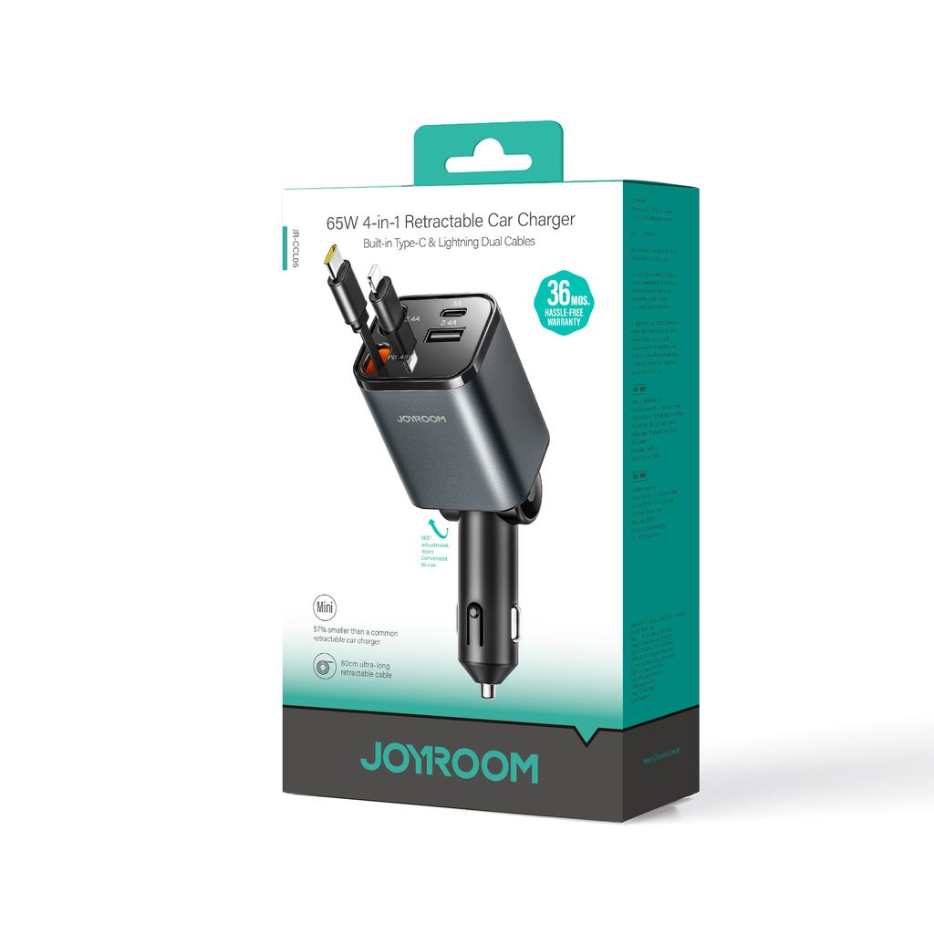 Joyroom 4-in-1 Car Charger 30W with Retractable USB-C/Lightning Cables