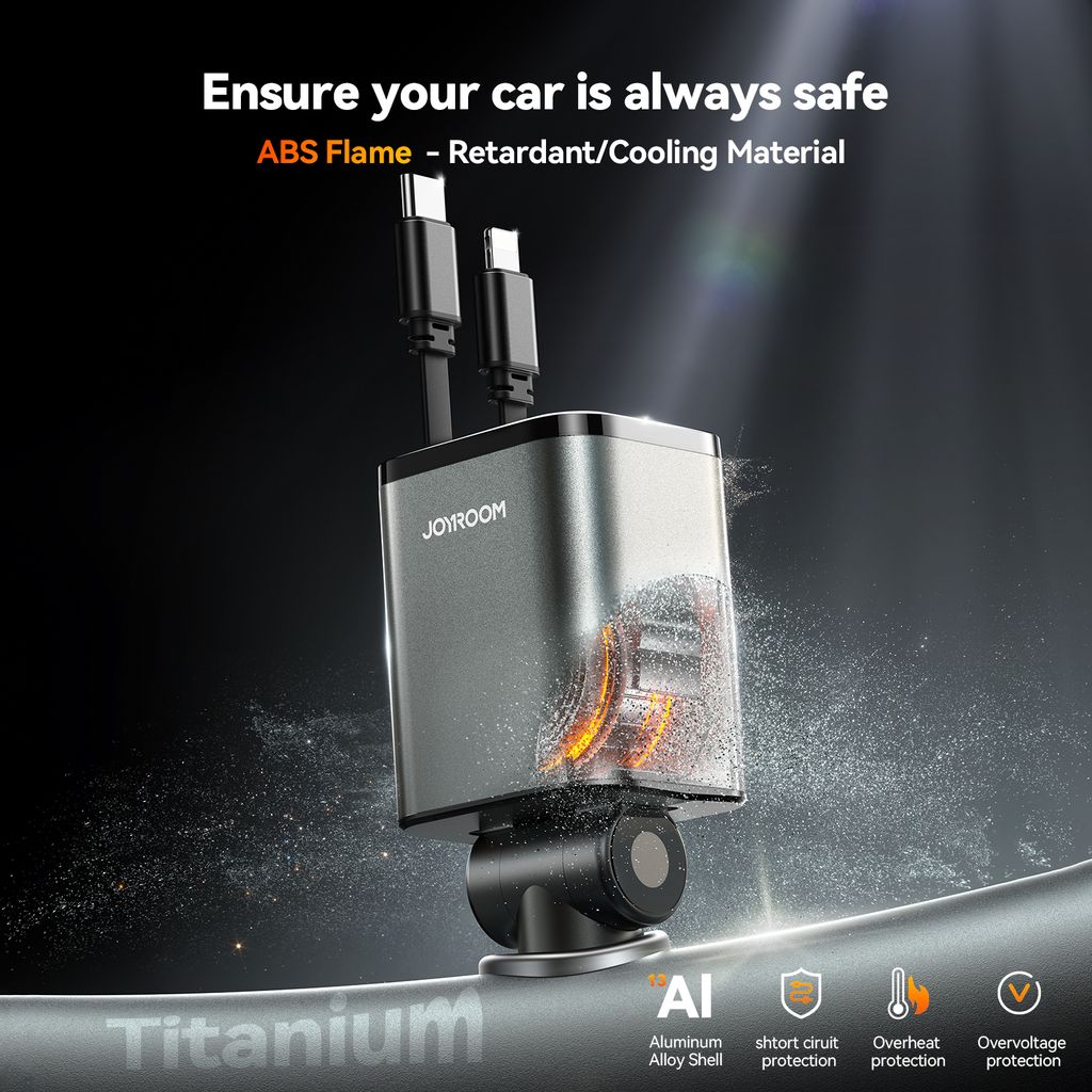Joyroom 4-in-1 Car Charger 30W with Retractable USB-C/Lightning Cables