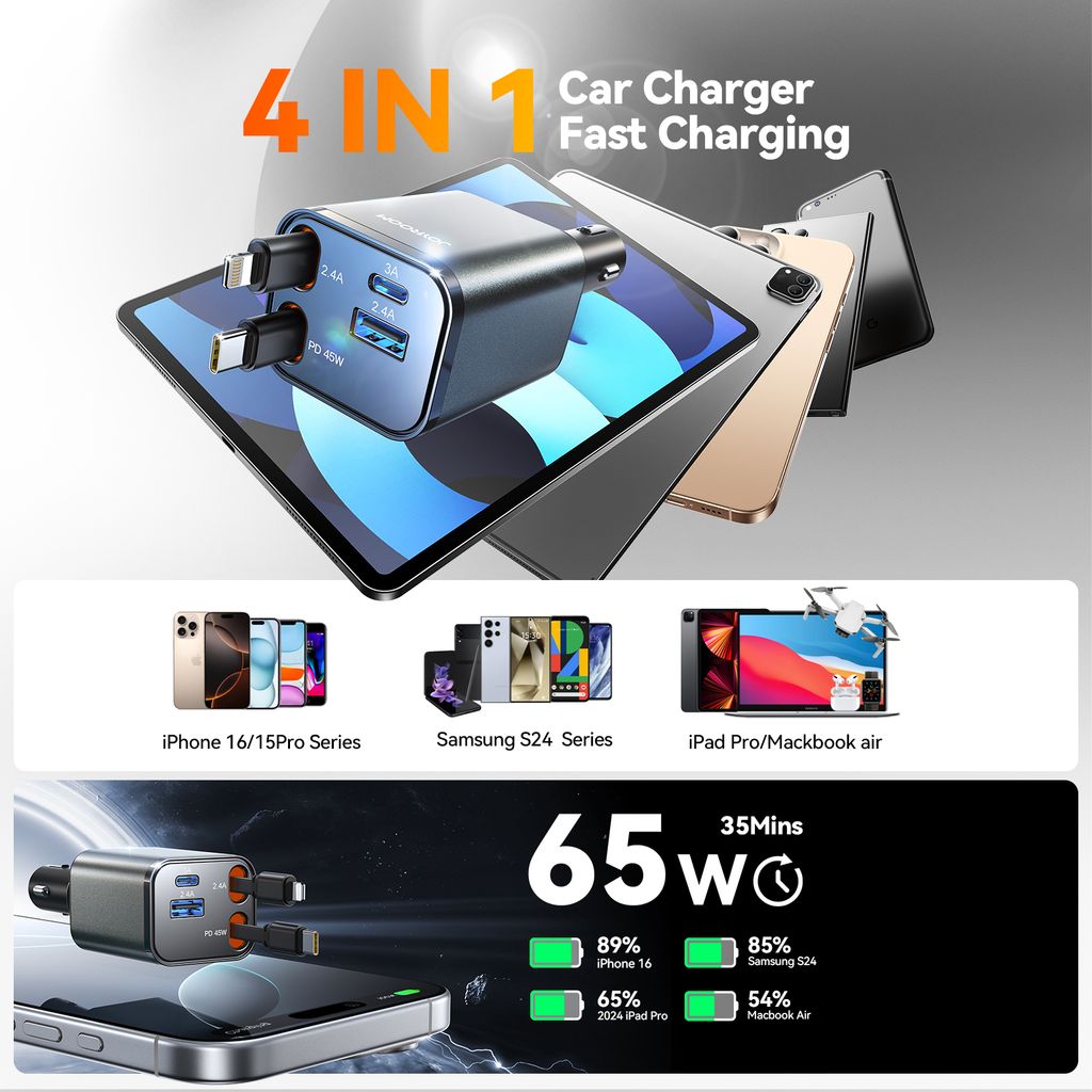 Joyroom 4-in-1 Car Charger 30W with Retractable USB-C/Lightning Cables
